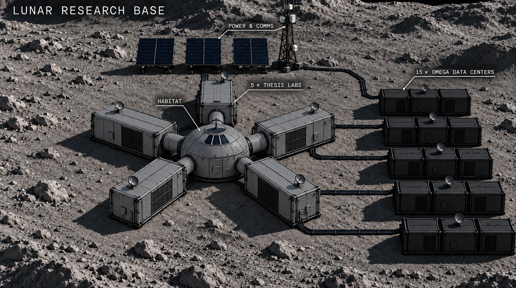 Lunar research base render showing a central habitat, five Thesis Labs, power and comms arrays, and fifteen Omega data centers on the lunar surface