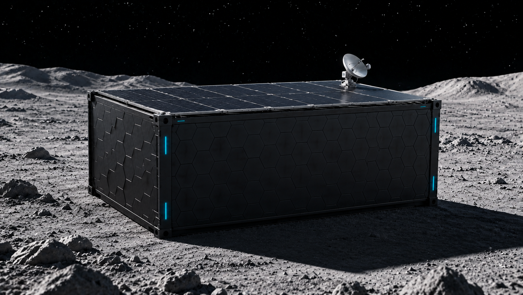 Thesis Lab for space — a self-contained laboratory module with solar roof and communications dish on the lunar surface
