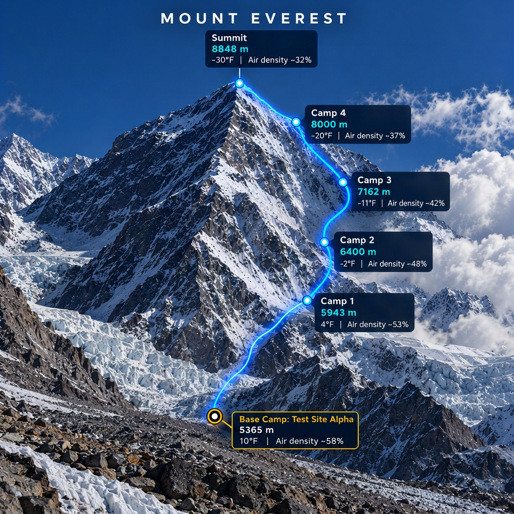 Mount Everest campaign route from Base Camp to Summit with altitude and air density markers